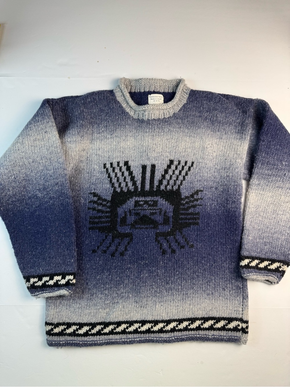 Vintage Ecuador Sun God Sweater wool Gradient Blue Crewneck Sweater